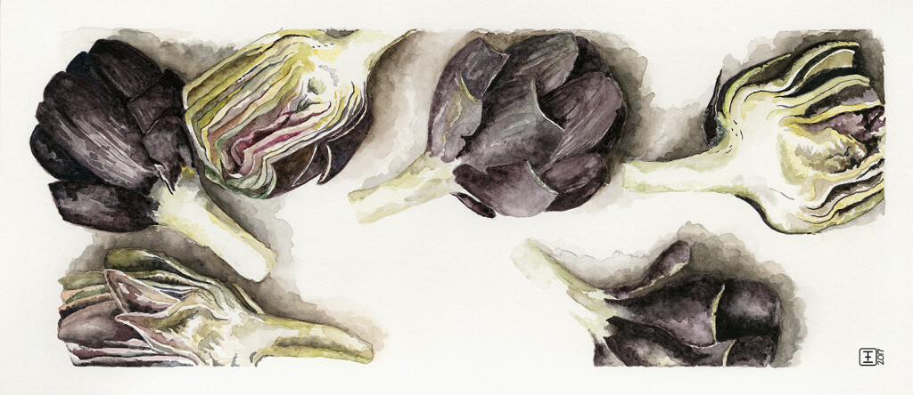 Veggie Strips Artichokes Watercolour on Fabriano