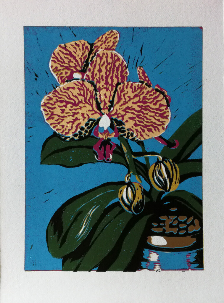 Orchid Blue Reduction Linocut