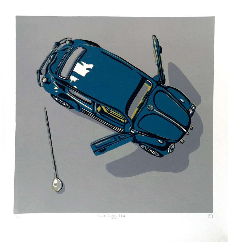 Punch Buggy Blue Reduction Linocut