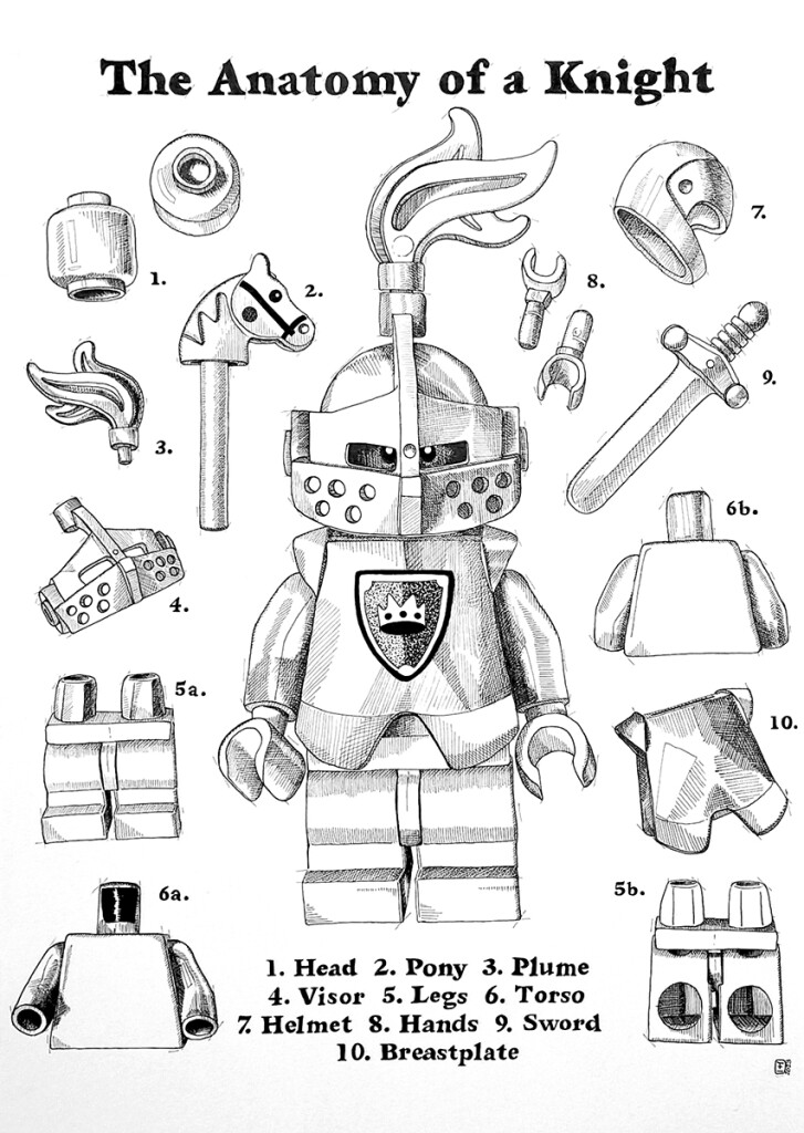 The Anatomy of a Knight Pen and ink drawing on Fabriano