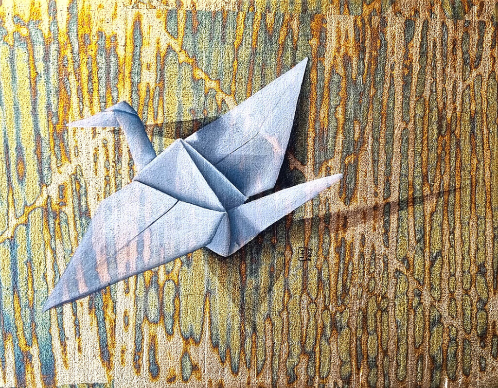 Paper Crane Oil paint over imitation gold leaf on pine panel