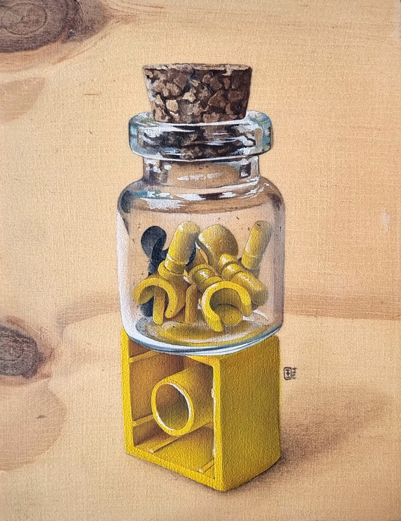 Short stack LEGO hands in a tiny bottle balanced on top of a LEGO brick painting in oil paint on cradled pine panel