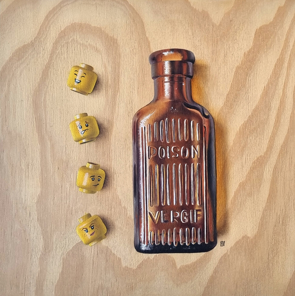 I know something you dont know Oil painting of LEGO heads with suspicious expressions next to a poison bottle, painted on a cradled pine panel