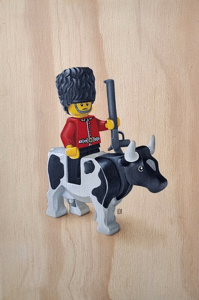 Beefeater Oil painting of LEGO royal guard riding a cow, painted on a cradled pine panel