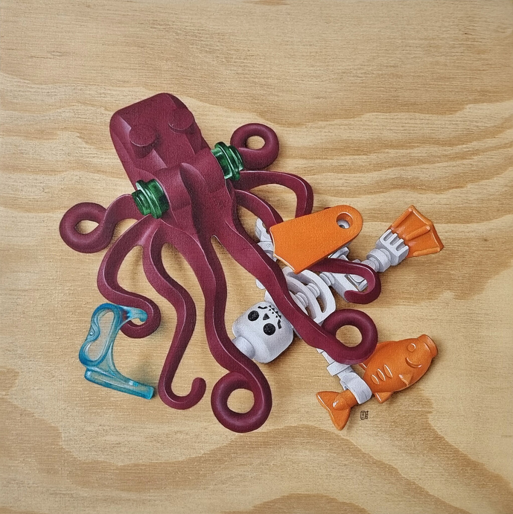 Indiana Bones and the Tentacle of Doom Oil painting of a LEGO skeleton underneath a LEGO octopus, painted on a cradled pine panel