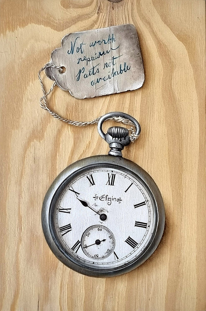 Parts not available An oil painting of the front of an Elgin pocket watch, with a tag that says Not worth repairing, Parts not available
