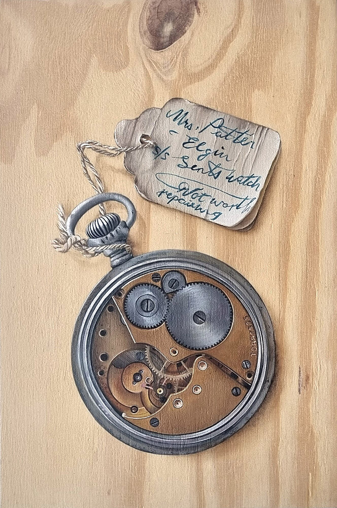 Not worth repairing An oil painting of the back of an Elgin pocket watch, with a tag that says Mrs Pattens Elgin Gents Watch, Not worth repairing