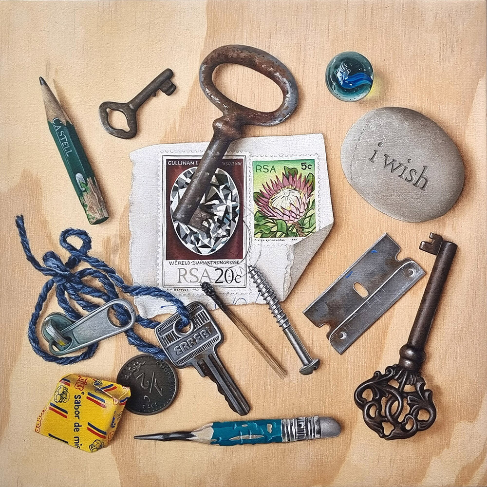 Trash or Treasure An oil painting of a collection of different nostalgic objects displayed on a pine panel.