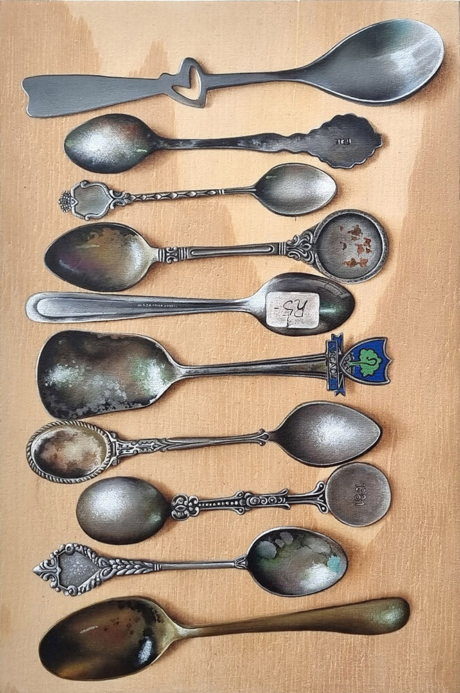 Giving spoons Oil painting of a collection of old tarnished spoons displayed in a line on a pine panel.