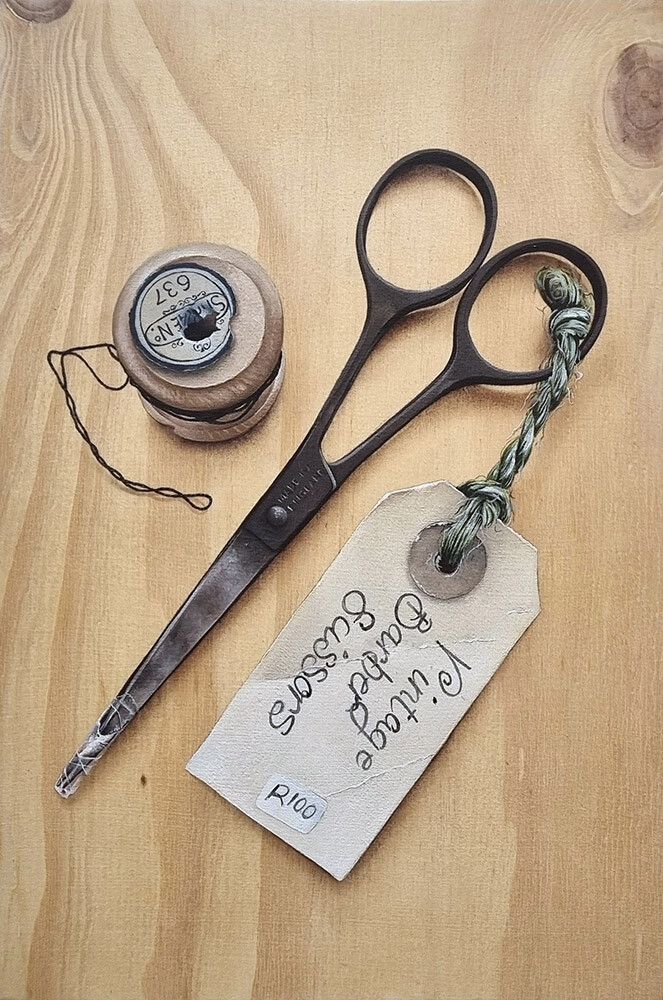 Labels An oil painting of an old barbers scissor with a tag and a wooden spool of thread on pine panel.