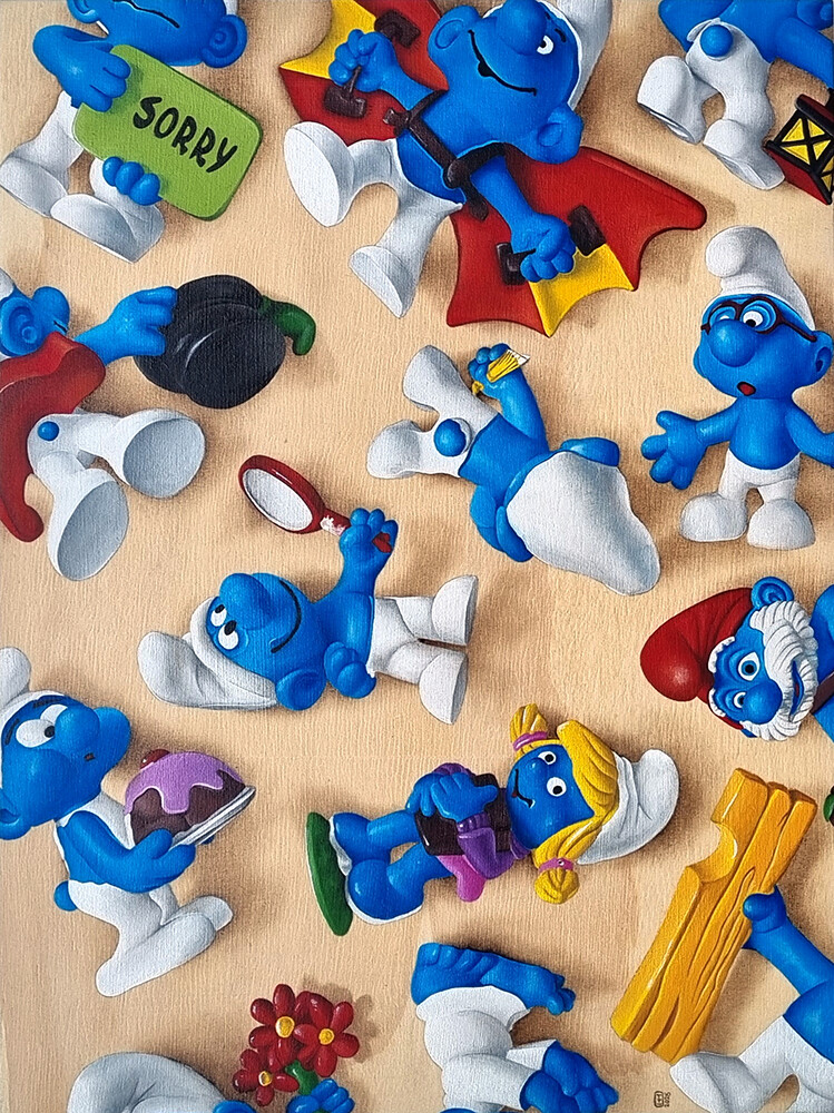 A sorry of smurfs An oil painting of a collection of smurfs on a pine panel.