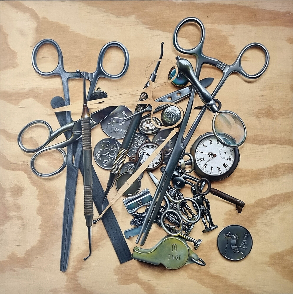 Remember in Pieces Oil painting of an assortment of metal bits and pieces. Each piece holds some sentimental value to the owner