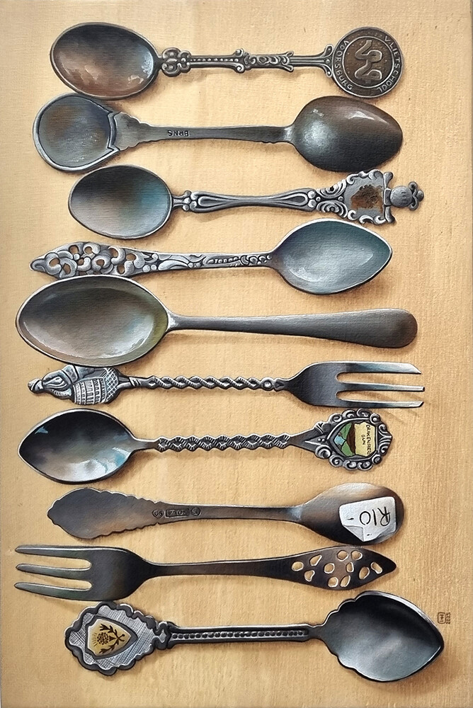 Taking spoons Oil painting of a collection of old spoons and forks displayed in a line on a pine panel.