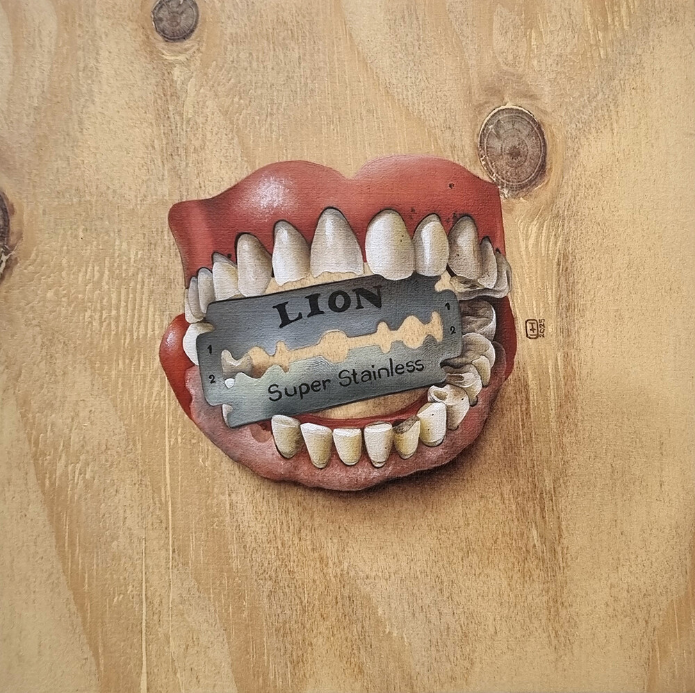 Unhinged Oil painting of false teeth with a LION razor blade between the teeth. Painted on sealed pine board.