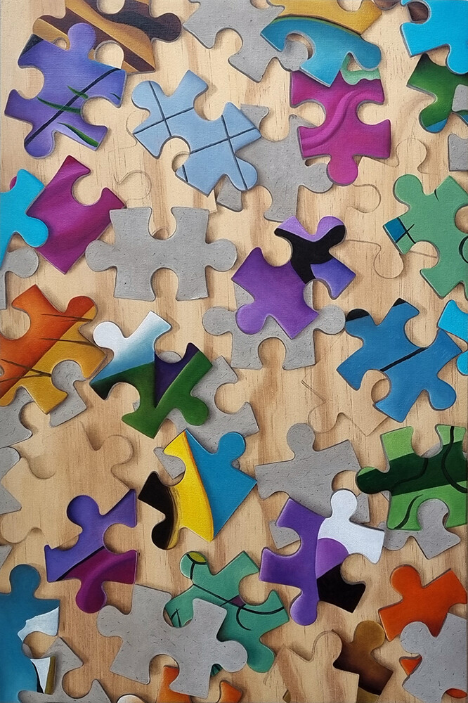 The jig is up An oil painting of puzzle pieces on a pine board. Some of them face the correct way up, some of them are face down and only show the back of the pieces. There are a few pieces that have been left unpainted.