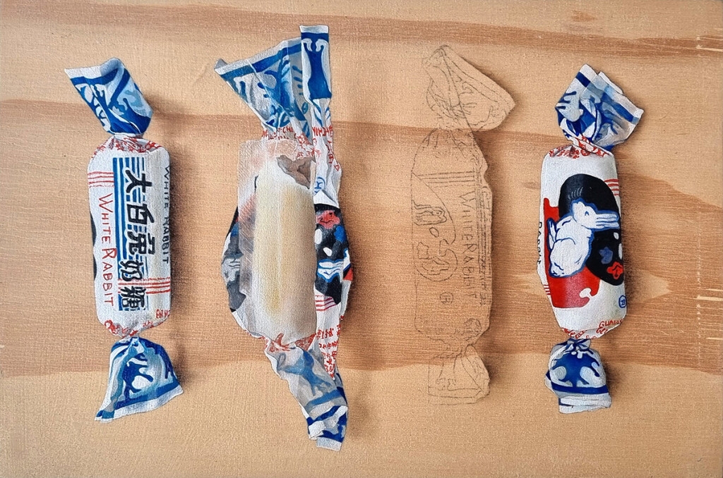 Oh my fur and whiskers, Im late, Im late, Im late Oil painting of white rabbit milk sweets on a pine panel. One sweet is missing.