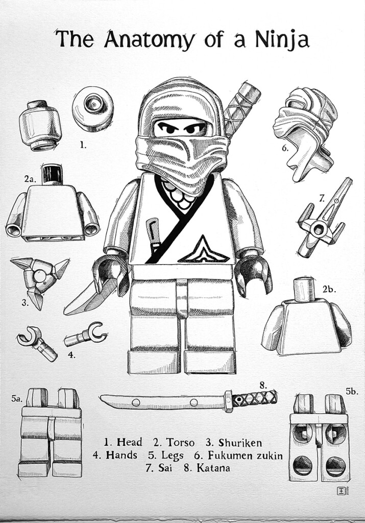 The Anatomy of a Ninja Pen and ink drawing of a LEGO ninja on Fabriano