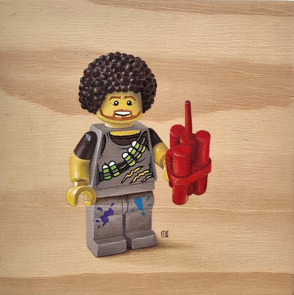 I can make it look like a happy accident Oil painting of Bob Ross as a Lego Minifigure holding a stick of dynamite. Painting is on a pine panel.