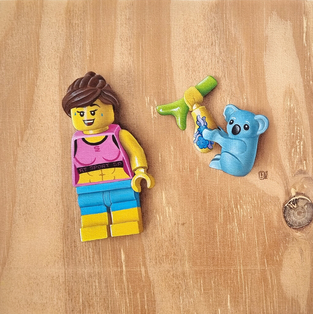 Armed and Dangerous An oil painting of a LEGO lego with a missing arm, her arm is in the possession of a LEGO Koala bear.